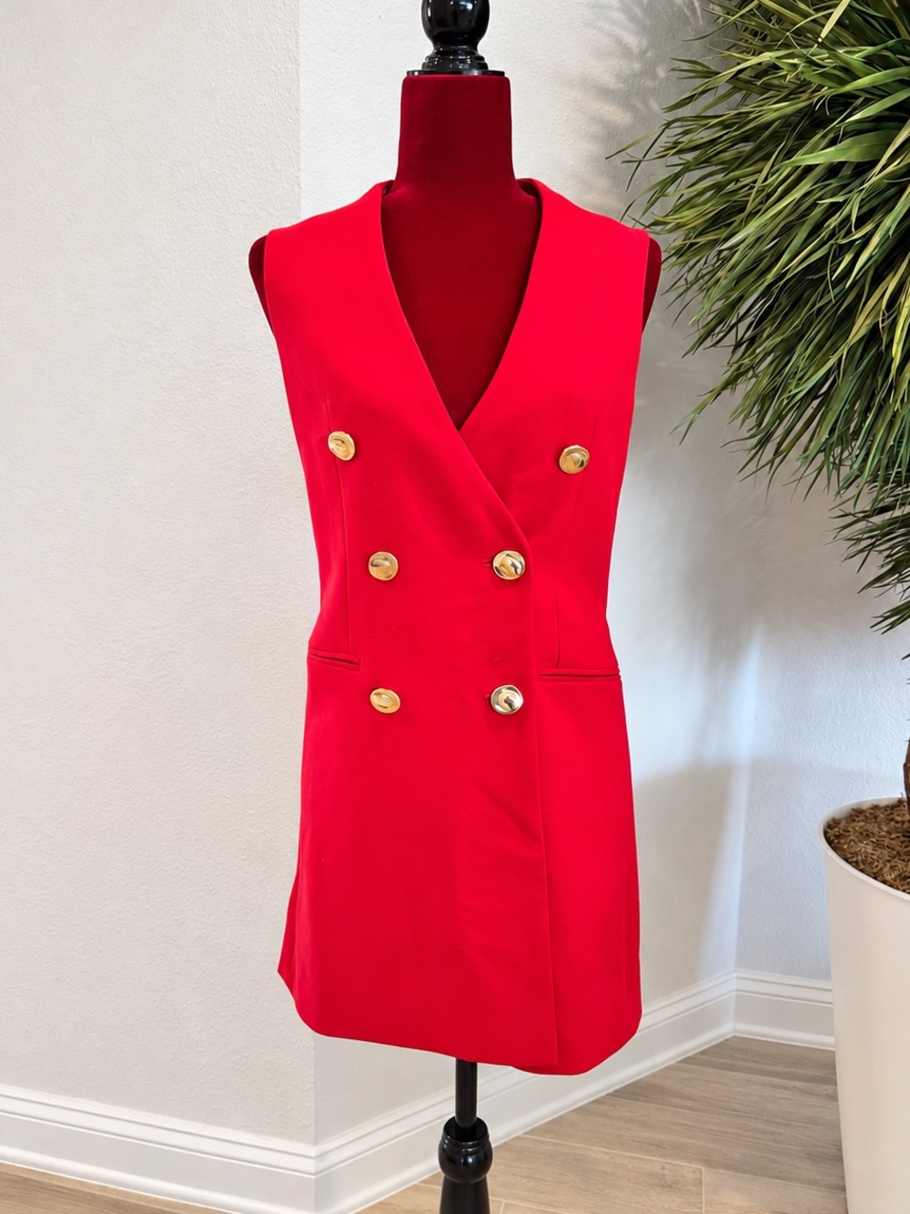 Zara Bright Red Sleeveless Double-Breasted Mini Dress with Gold Buttons XS